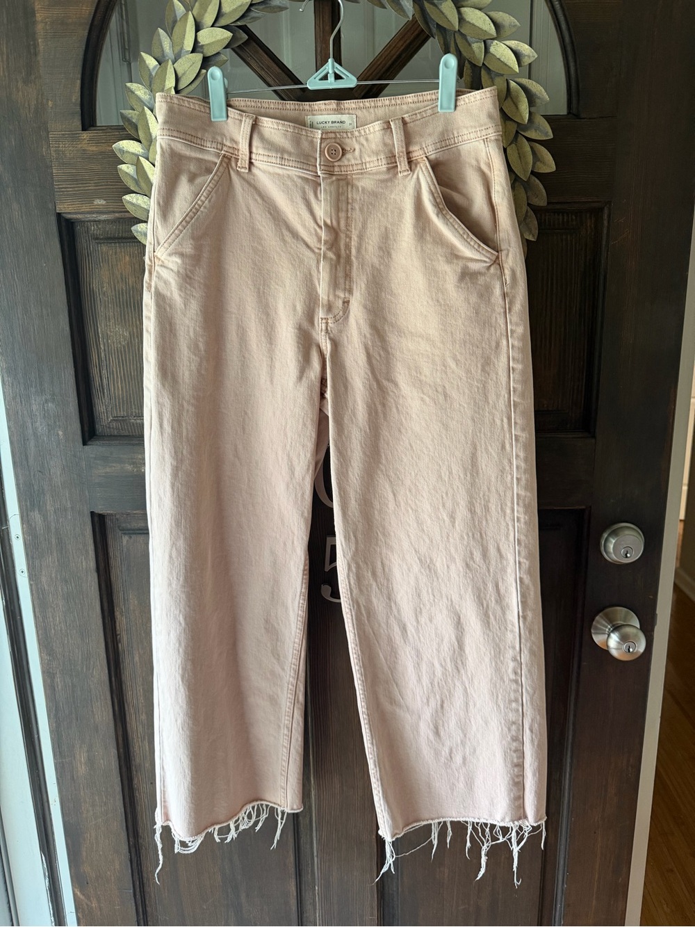 Lucky Brand Light Pink Cropped Wide-Leg Jeans with Raw Hem